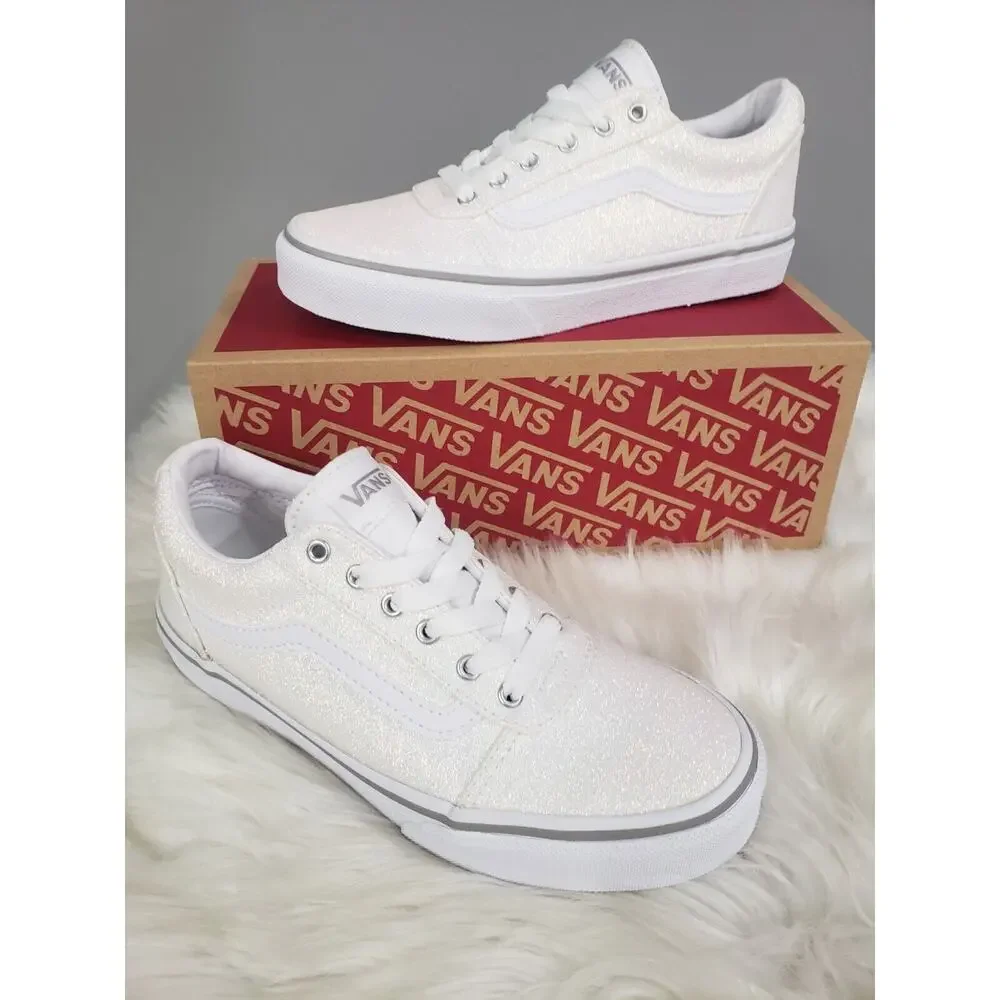 NEW Van's Girl's WARD SPRING GLITTER WHITE sneakers Size 3 little kid‎ sparkle